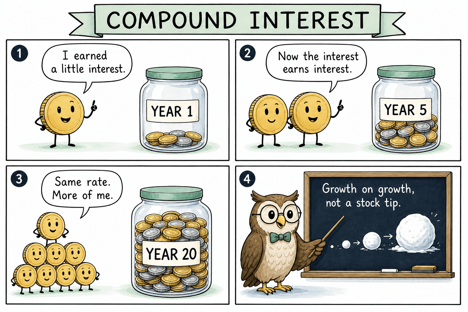 Four-panel educational comic. A coin at year 1, 5, and 20 as a jar fills; an owl chalkboard says growth on growth, not a stock tip.