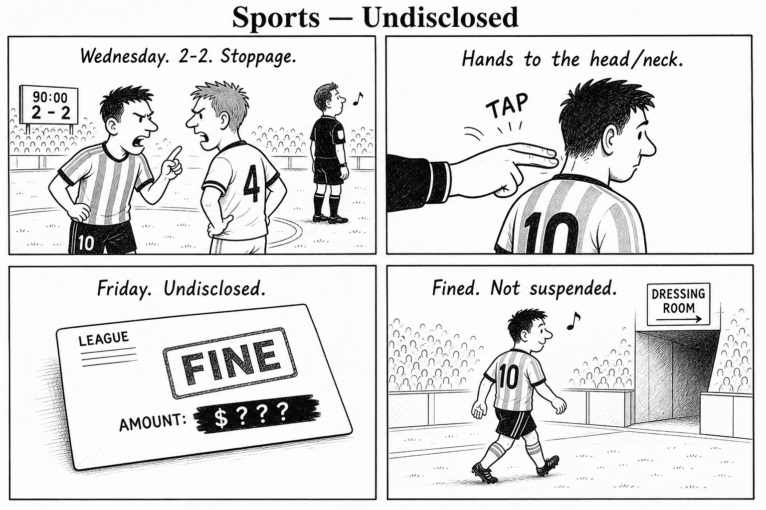 Four-panel comic. Stoppage-time 2-2 scrap; a tap to the neck; a league fine with the amount blacked out; the player walks off whistling, fined not suspended.