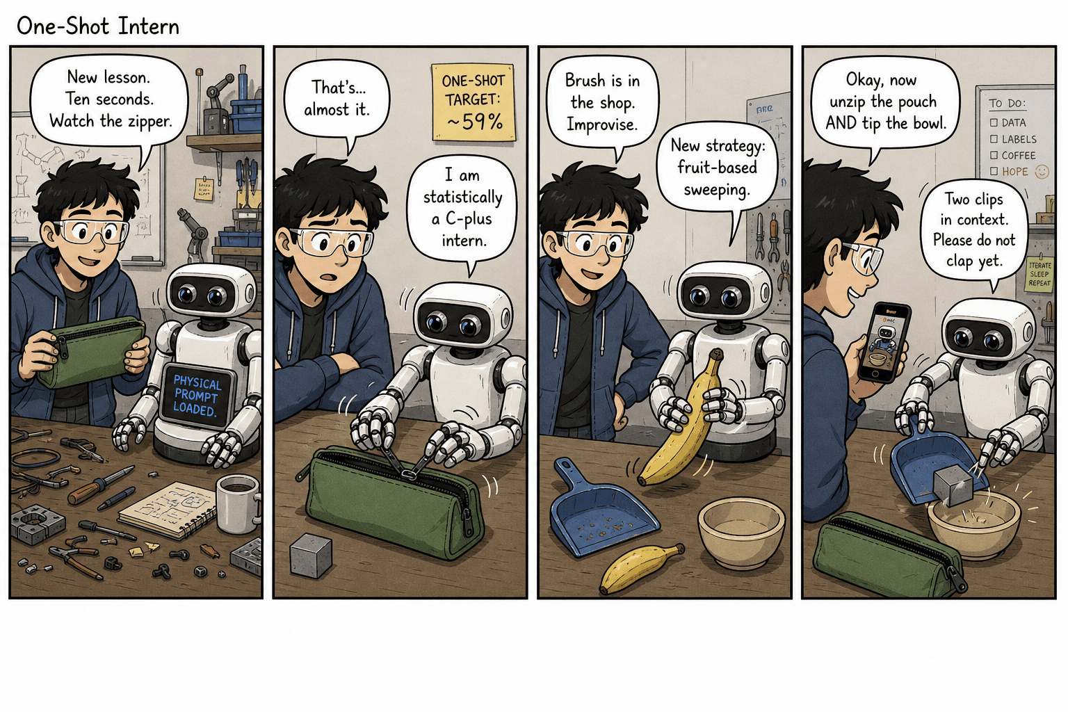Four-panel comic. A tech loads a zipper demo; the robot half-opens a pouch at ~59%; it improvises with a banana; two clips in context.