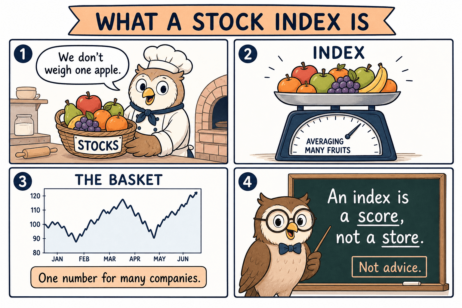 Four-panel educational comic. Owl with a fruit basket labeled stocks, a scale labeled index, a chart of the basket, chalkboard: an index is a score, not a store.