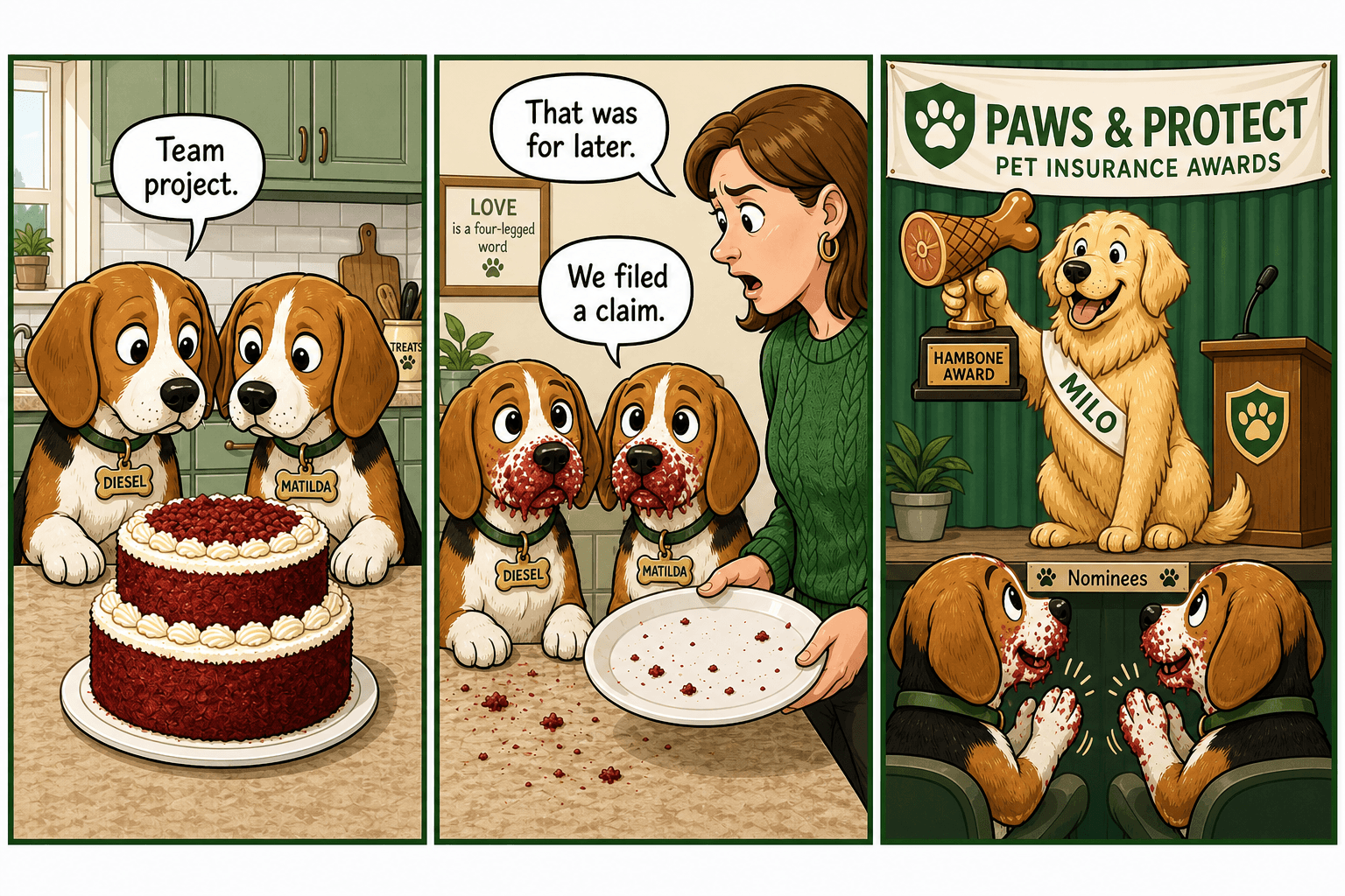 Three-panel comic. Beagles Diesel and Matilda plan a team project on a red velvet cake, eat it, then clap as golden retriever Milo wins the Hambone Award; stage tag says Nominees.