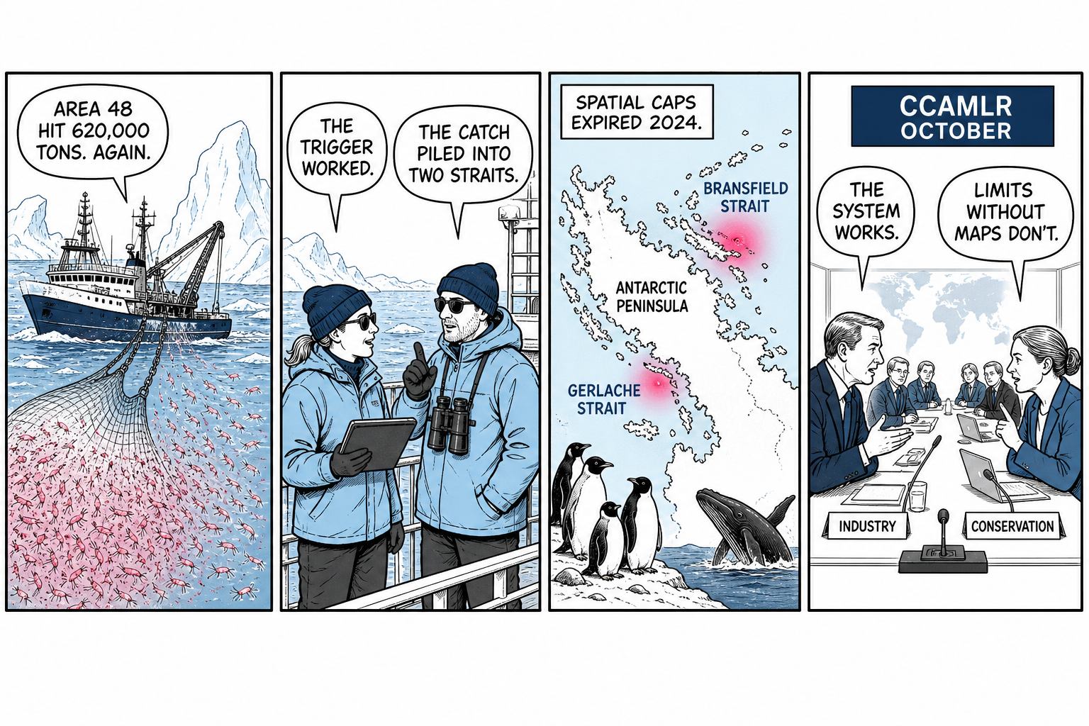 Four-panel comic. A trawler hauls krill (Area 48 hit 620,000 tons again); two researchers argue trigger vs concentrated catch; a map marks Bransfield and Gerlache; a CCAMLR table splits industry and conservation.