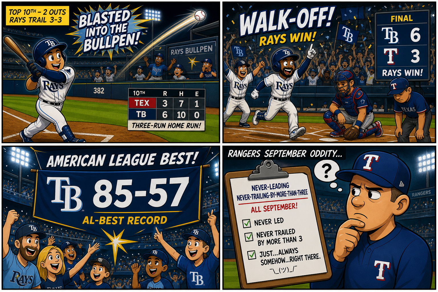 Four-panel full-color baseball comic with cartoon stand-ins. Panel 1: Rays batter hits a three-run homer in the 10th. Panel 2: final Rays 6 Rangers 3. Panel 3: AL-best 85-57 banner. Panel 4: clipboard about never leading and never trailing by more than three.
