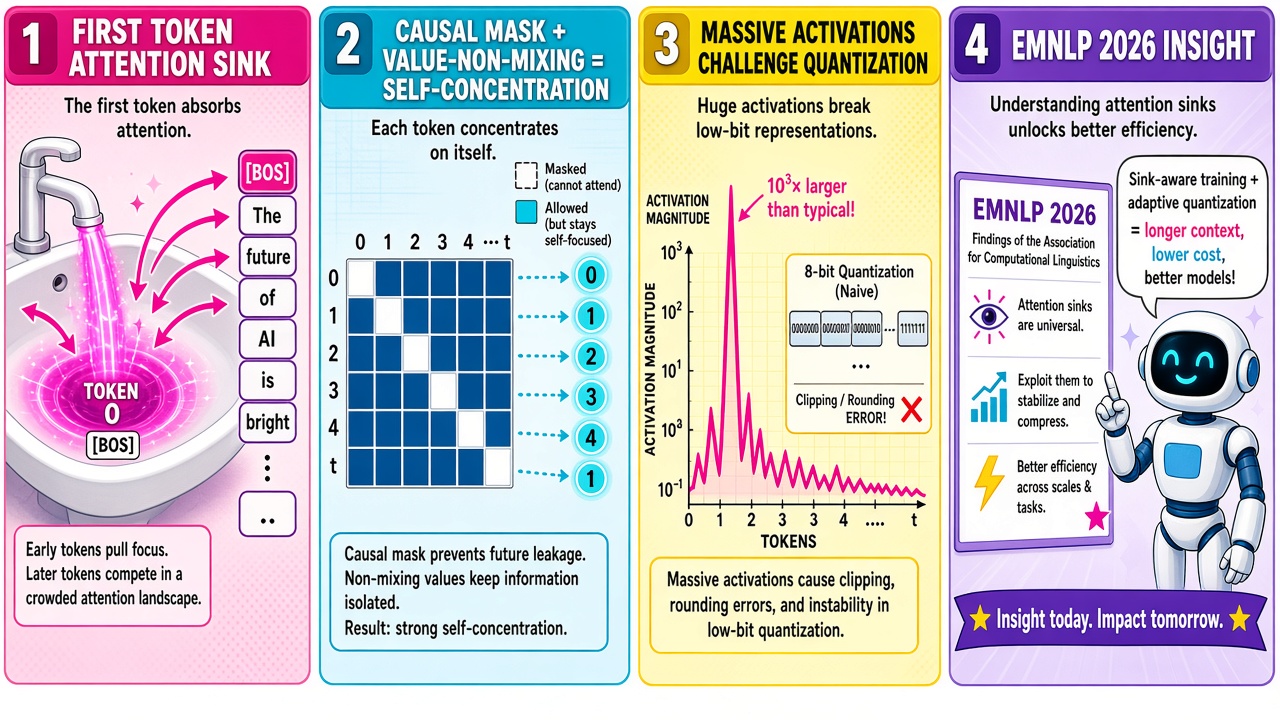 Four-panel full-color AI research comic. Panel 1: cartoon attention sinking into the first token position. Panel 2: causal-mask grid illustrating self-concentration and Value-non-mixing. Panel 3: activation spike at the initial position challenging low-bit quantization. Panel 4: EMNLP 2026 paper board on attention-sink mechanisms.