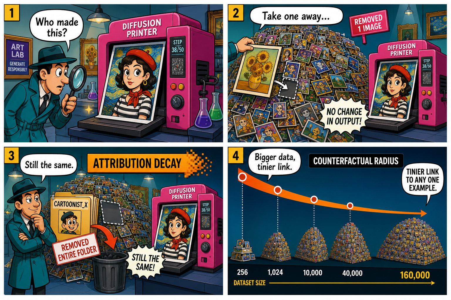 Four-panel full-color lab-gallery comic, no real artist portraits. Panel 1: a cartoon detective asks whose art a pink diffusion printer made. Panel 2: removing one painting from a huge pile, the print stays the same. Panel 3: a folder labeled artist removed, still the same print, banner attribution decay. Panel 4: a graph, dataset size up, counterfactual radius down.