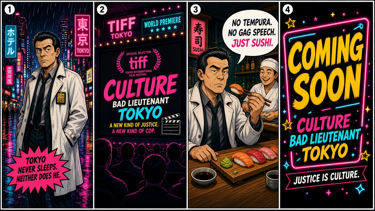 Four-panel full-color culture comic with cartoon stand-ins never celebrity likenesses. Panel 1: cartoon Tokyo night street with a trench-coat detective stand-in. Panel 2: movie-theater screen marking a TIFF premiere for Bad Lieutenant Tokyo. Panel 3: cartoon sushi-bar beat. Panel 4: neon Coming Soon board for Bad Lieutenant Tokyo.