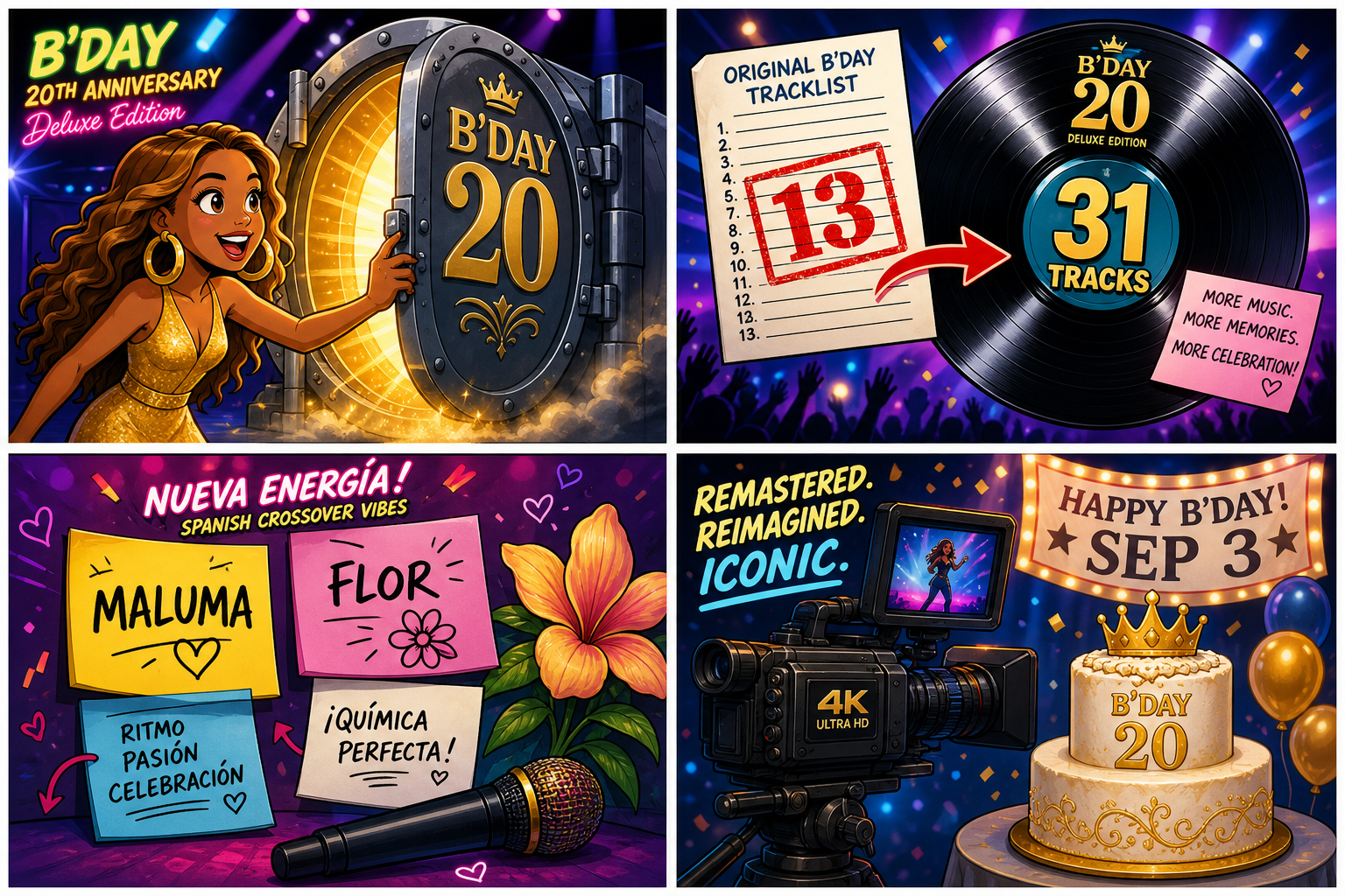Four-panel full-color music comic with a cartoon stand-in, not a celebrity portrait. Panel 1: cartoon singer opens a glowing B'Day 20 vault. Panel 2: tracklist grows from 13 to 31. Panel 3: Spanish-crossover sticky notes and a flower. Panel 4: remastered 4K camera and birthday cake Sep 3.