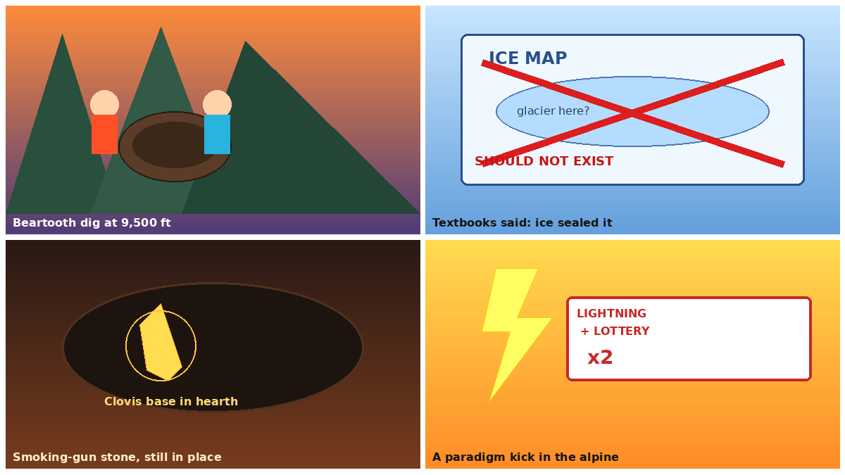 Four-panel full-color conspiracy-as-unexplained-archaeology comic. Panel 1: cartoon excavators in colorful jackets at a Beartooth dig under orange sunset peaks. Panel 2: a glacier map stamped SHOULD NOT EXIST with a big red X. Panel 3: a bright Clovis point base glowing in a dark hearth pit. Panel 4: a comic stamp reading lightning and lottery twice.