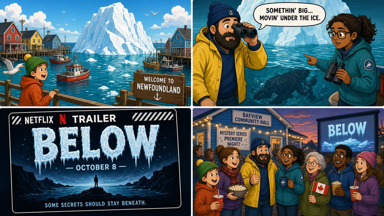 Four-panel full-color culture comic, cartoon stand-ins only, never celebrity likenesses. Panel 1: Below Netflix trailer clapper. Panel 2: giant iceberg drifting into a Newfoundland harbor. Panel 3: cartoon fisherman and marine researcher facing a sea-creature silhouette. Panel 4: streams October 8 2026 Netflix stamp.