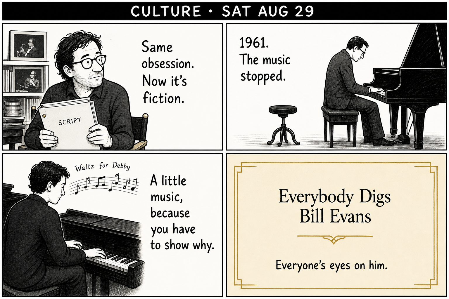 Four-panel culture comic: a director holding a script, a pianist at a silent piano beside an empty bass stool, a few bars of Waltz for Debby, a title card that reads Everybody Digs Bill Evans.