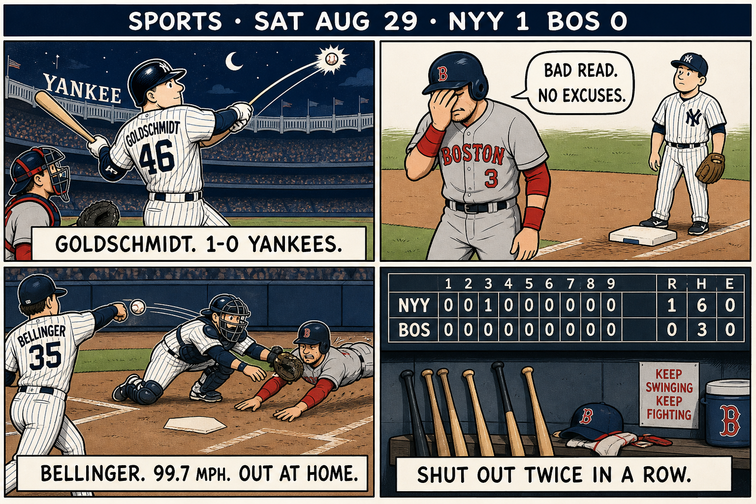 Four-panel Yankees vs Red Sox comic: Goldschmidt hits a solo homer in pinstripes, a Red Sox runner in gray is doubled off and says bad read no excuses, Bellinger throws 99.7 mph to get the runner at home, scoreboard reads NYY 1 BOS 0 after a shutout.