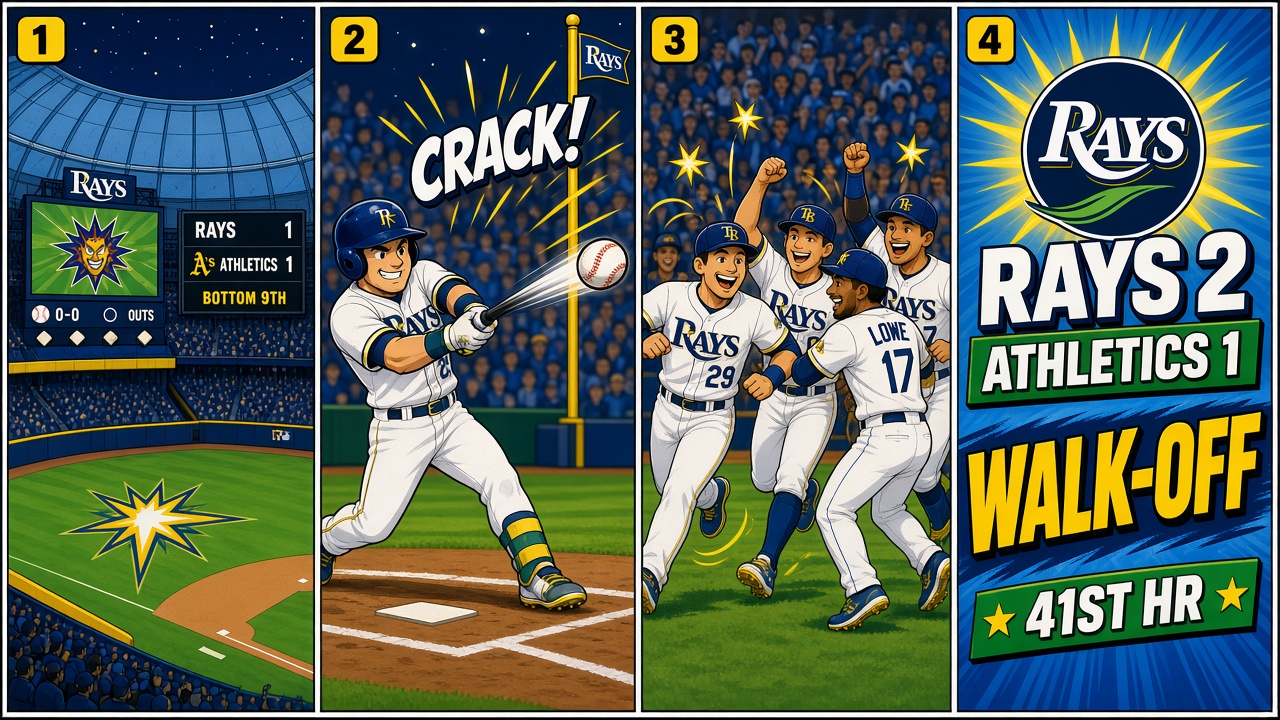 Four-panel full-color sports comic with cartoon ballplayers, not likenesses. Panel 1: tense Tropicana Field ninth-inning board reading Athletics 1 Rays 1. Panel 2: cartoon Rays batter driving an opposite-field liner toward the right-field foul pole. Panel 3: celebrating cartoon teammates under a CRACK burst. Panel 4: Rays 2 Athletics 1 walk-off scoreboard.