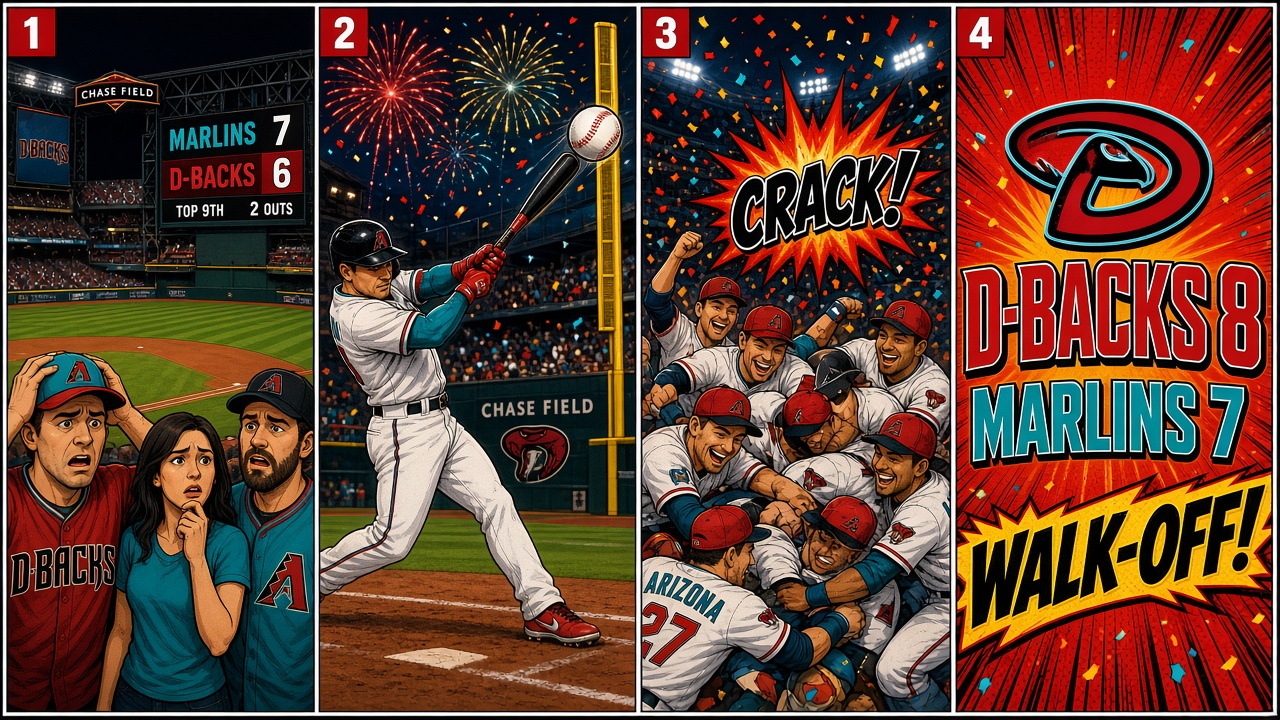 Four-panel full-color sports comic with cartoon ballplayers, not likenesses. Panel 1: anxious cartoon fans under a Marlins 7 D-backs 6 ninth-inning board at Chase Field. Panel 2: cartoon D-backs batter driving a ball toward the right-field foul pole with fireworks. Panel 3: pile of celebrating cartoon teammates under a CRACK burst. Panel 4: D-backs 8 Marlins 7 walk-off scoreboard.