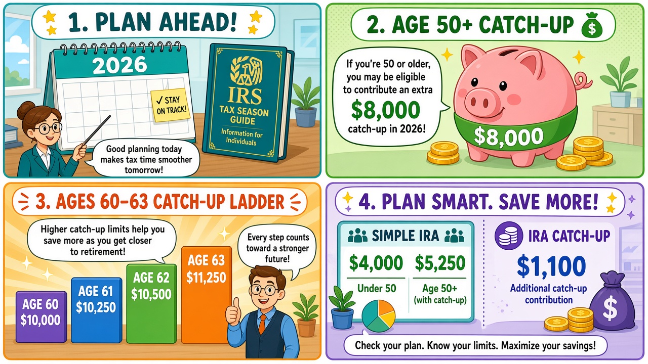 Four-panel full-color educational finance comic. Panel 1: age-50-plus catch-up jar labeled $8,000 after $24,500 elective deferral. Panel 2: ages turning 60 to 63 jar labeled $11,250 SECURE 2.0. Panel 3: SIMPLE catch-up $4,000 and ages 60–63 SIMPLE $5,250 chalkboard. Panel 4: 2026 Roth catch-up required if prior-year wages exceeded $150,000 sticky, ceiling not advice.