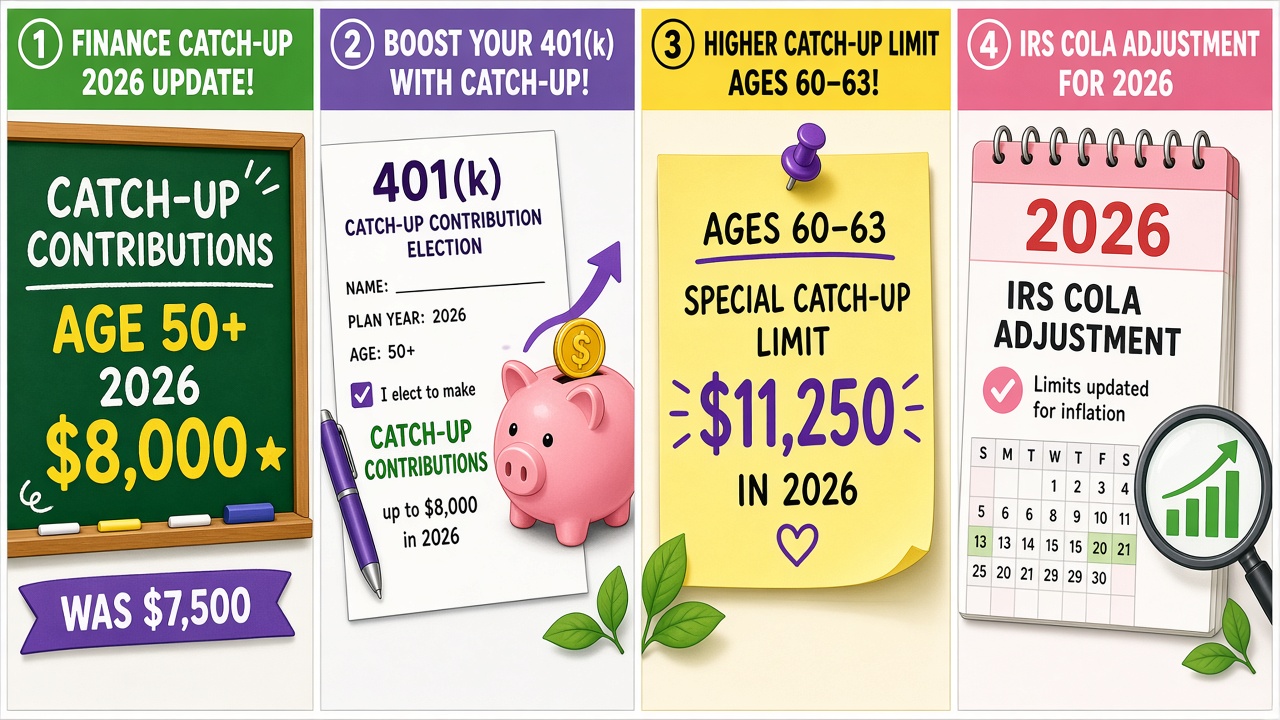 Four-panel full-color educational finance comic. Panel 1: chalkboard marking 401(k)/403(b) catch-up 2026 at $8,000 was $7,500. Panel 2: sticky note for ages 60 to 63 higher catch-up $11,250 under SECURE 2.0. Panel 3: elective deferral jar stamped $24,500. Panel 4: IRS COLA calendar card labeled educational plan-ahead timeline.