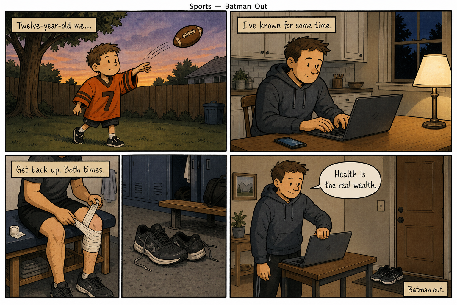 Four-panel comic. A kid throws a football at dusk; an adult types at a kitchen table; a knee wrap on a training table; he closes a laptop and says health is the real wealth.