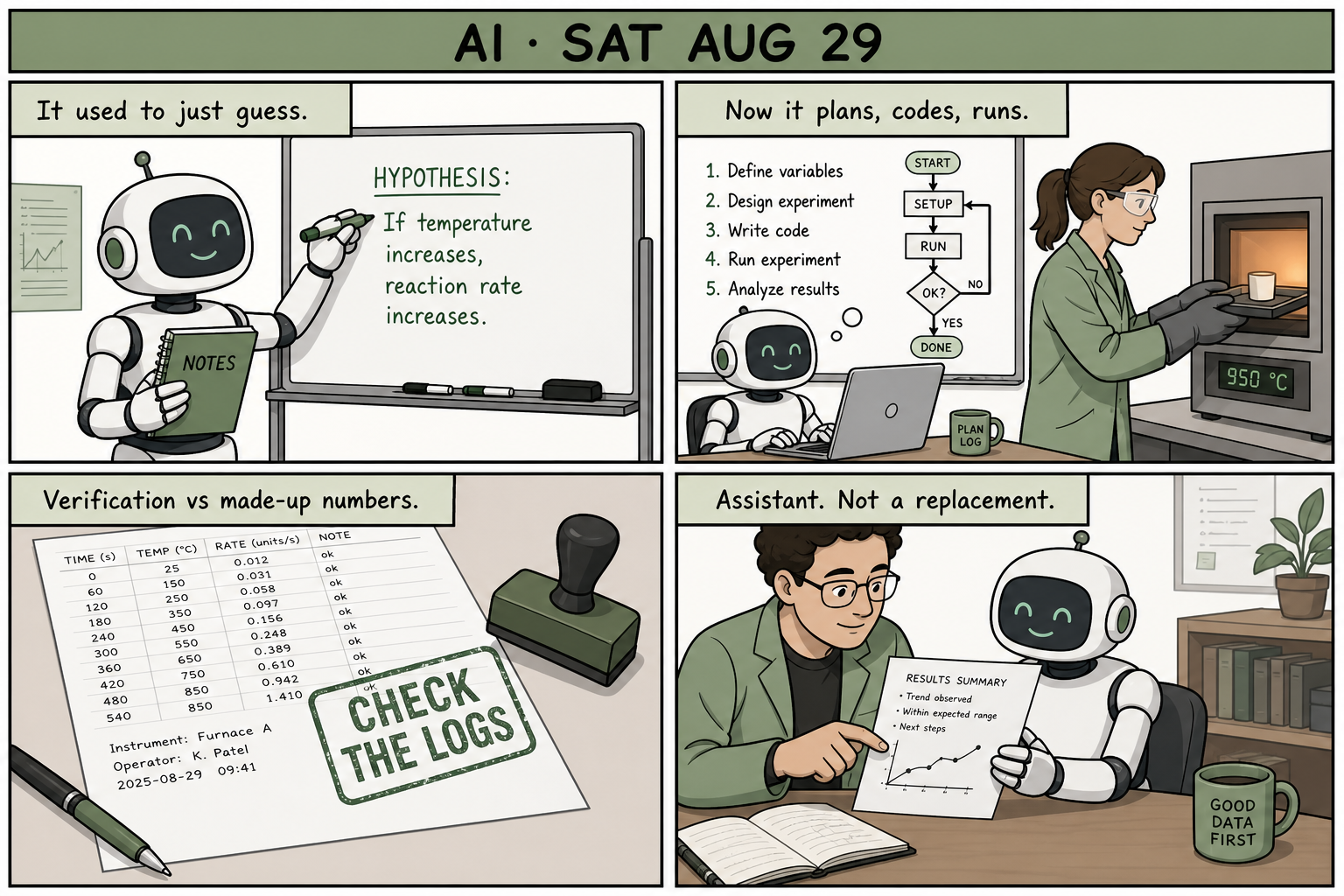 Four-panel comic: a lab robot writing a hypothesis, then coding while a human loads a furnace, a CHECK THE LOGS stamp on a data sheet, robot and scientist reading a results page together.