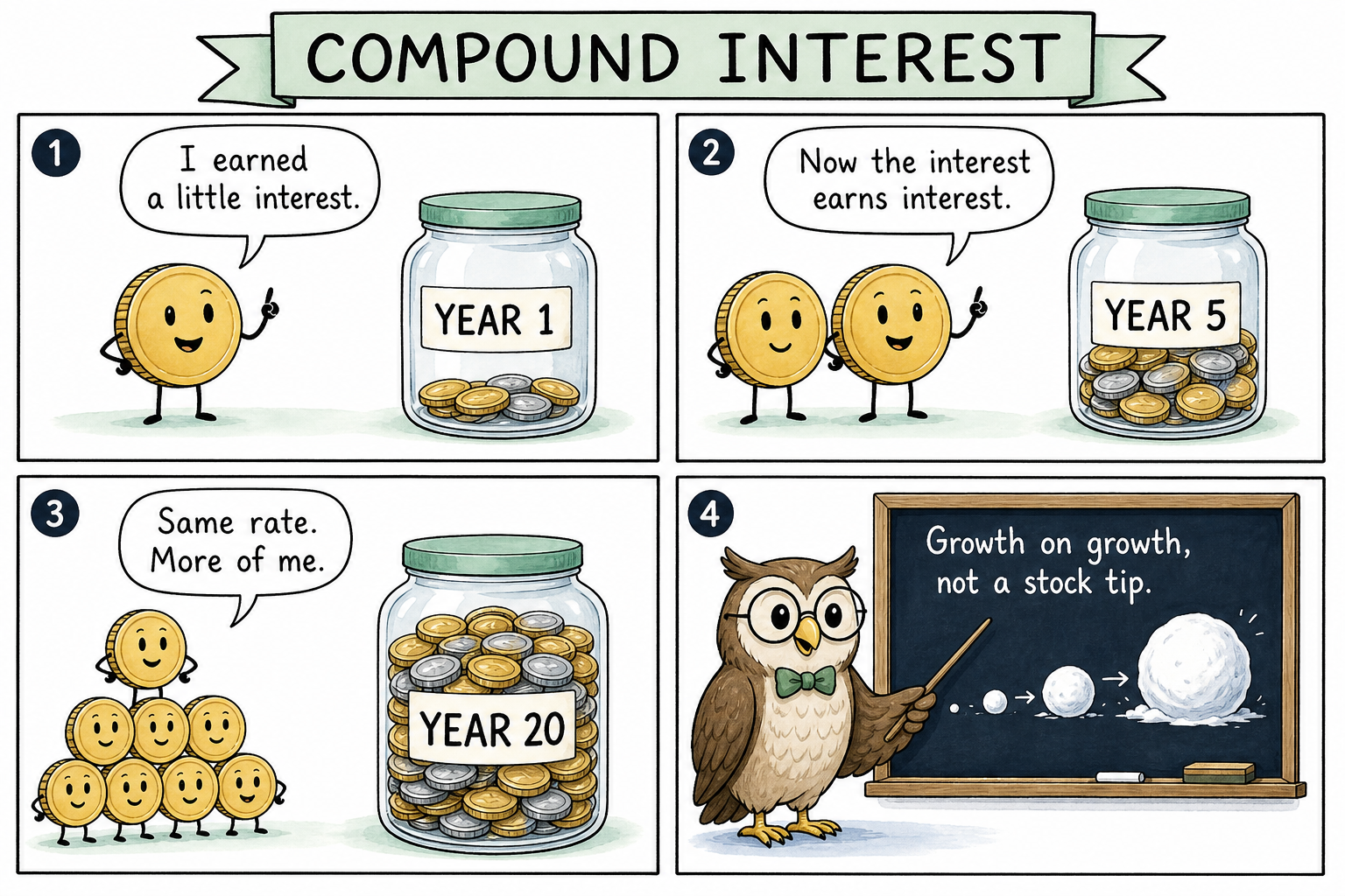 Four-panel educational comic. A coin at year 1, 5, and 20 as a jar fills; an owl chalkboard says growth on growth, not a stock tip.
