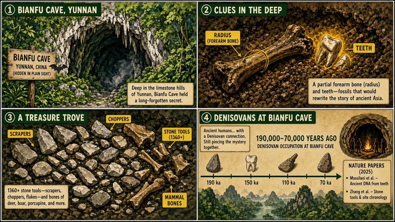 Four-panel full-color pop-history comic. Panel 1: limestone cave mouth labeled Bianfu Cave Yunnan. Panel 2: glowing forearm radius fossil with skull fragments and teeth. Panel 3: scatter of 1360-plus stone tools and mammal bone fragments. Panel 4: misty karst timeline from about 190000 to 70000 years ago for site use.