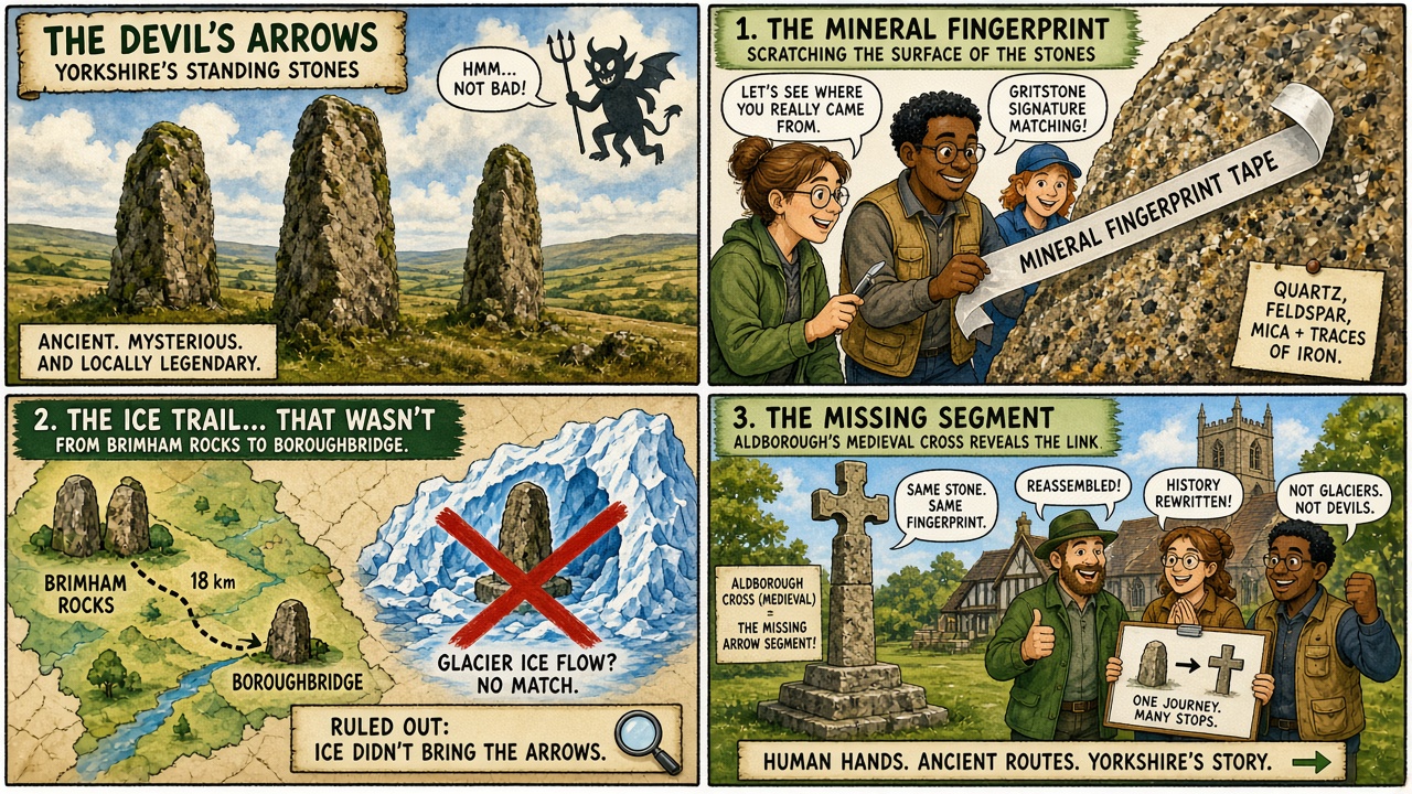 Four-panel full-color pop-history comic. Panel 1: three giant Devil’s Arrows standing stones near Boroughbridge. Panel 2: Brimham Rocks quarry 11 miles or 18 kilometers west. Panel 3: isotopic fingerprinting of zircon and apatite crystals. Panel 4: Aldborough Battle Cross revealed as a carved segment of a missing Arrow, folklore devil as garnish only.