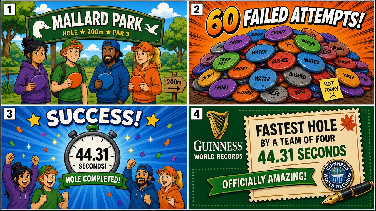 Four-panel full-color humor comic. Panel 1: four cartoon disc-golf teammates staged at the tee. Panel 2: rapid chain of throws toward the basket. Panel 3: 44.31 seconds Guinness stamp. Panel 4: Mallard Park Idaho, PDGA hole at least 200 meters.