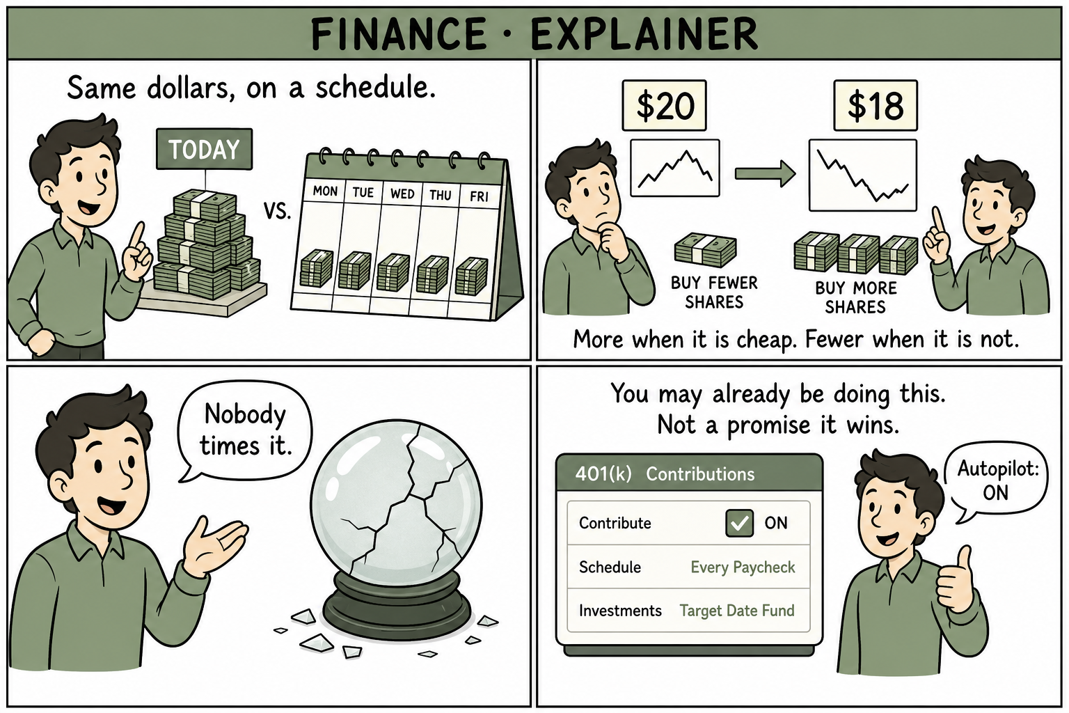 Four-panel explainer comic comparing a lump-sum pile to equal calendar piles, buying more shares when cheaper, a cracked crystal ball, and a 401k contribution set to every paycheck.