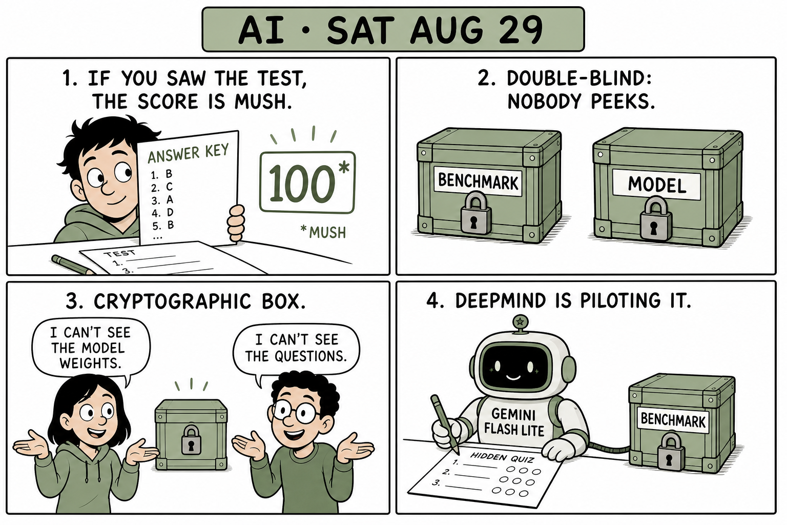 Four-panel comic: a student with an answer key and a 100-star score marked mush, two locked boxes labeled benchmark and model, two people who cannot see each other’s secrets, a small Gemini Flash Lite robot taking a hidden quiz.