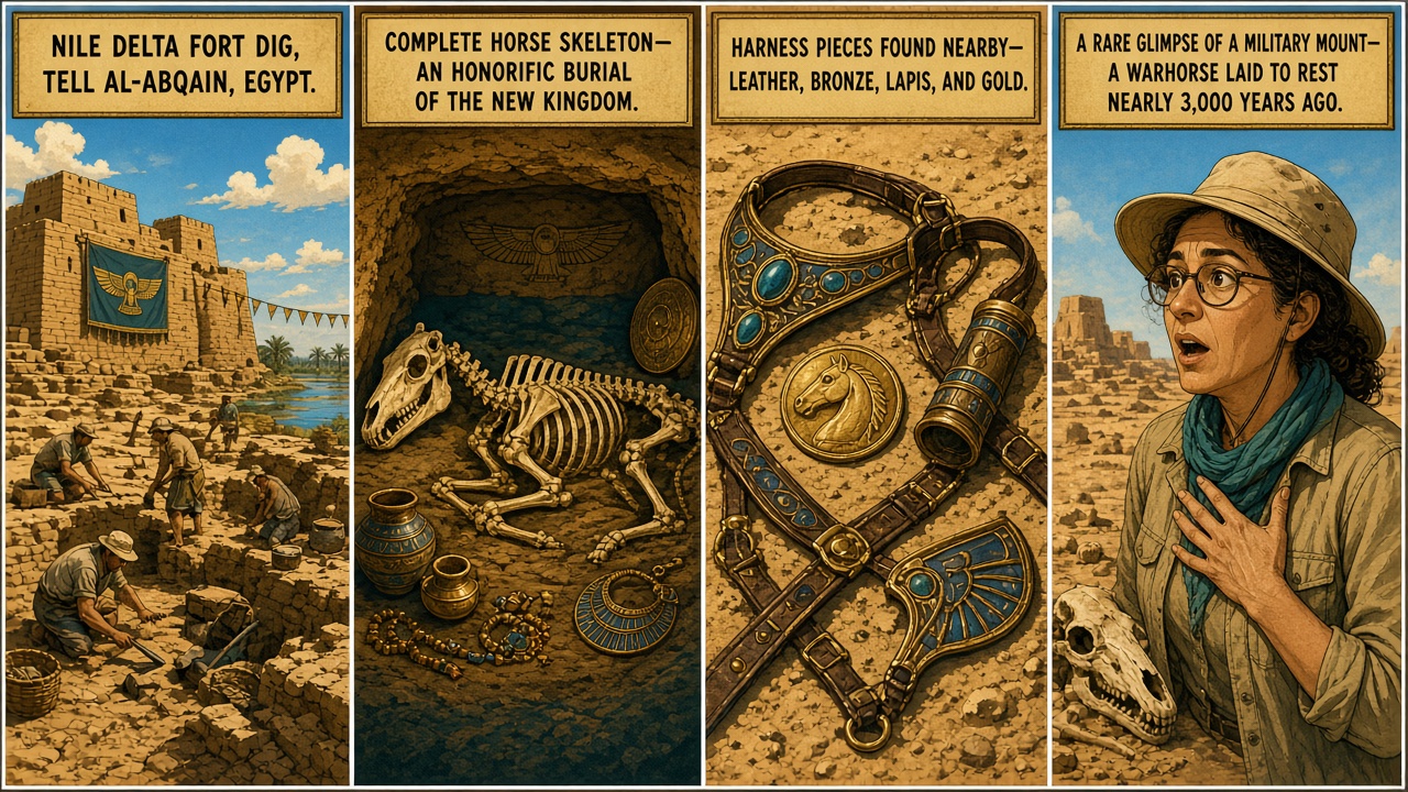 Four-panel full-color pop-history comic. Panel 1: ancient New Kingdom fortress silhouette on the Nile Delta. Panel 2: complete young male horse in a deliberate honorific burial pose. Panel 3: alabaster and limestone harness pieces nearby. Panel 4: modern archaeologists uncovering the Tell Al-Abqain war-horse find.