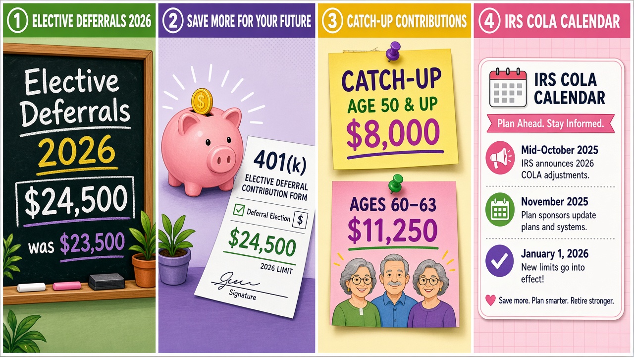 Four-panel full-color educational finance comic. Panel 1: chalkboard marking elective deferrals 2026 at $24,500 was $23,500. Panel 2: cartoon 401(k) elective deferral form stamped $24,500. Panel 3: sticky notes for catch-up age 50 and up $8,000 and ages 60-63 $11,250. Panel 4: IRS COLA calendar card labeled educational plan-ahead timeline.