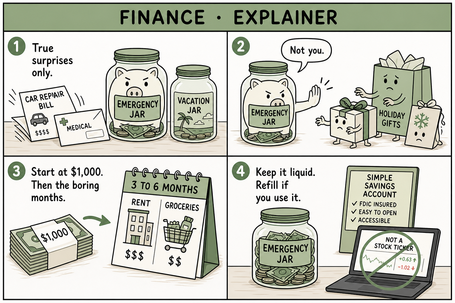Four-panel explainer comic: an emergency jar next to a vacation jar, holiday gifts getting turned away, a $1,000 stack pointing at three to six months of rent and groceries, a simple savings account that is not a stock ticker.