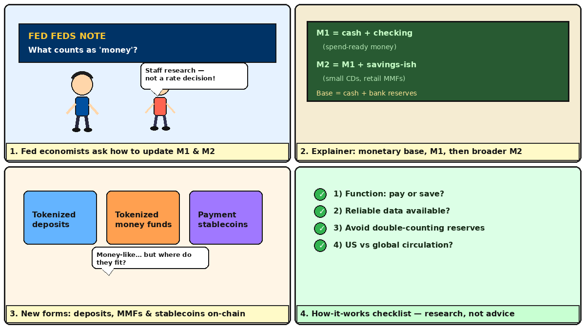 Four-panel full-color comic explaining Fed monetary aggregates, M1 versus M2, digital money-like assets, and measurement checklist items.