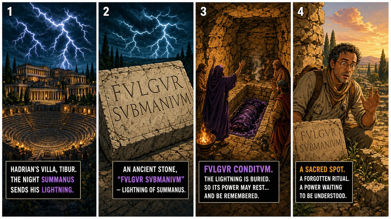 Four-panel full-color pop-history comic. Panel 1: night lightning over Hadrian’s Villa amphitheater ruins. Panel 2: marble slab carved FVLGVR SVBMANIVM. Panel 3: cartoon fulgur conditum ritual burying consecrated lightning. Panel 4: modern archaeologist discovering the inscribed stone in daylight.