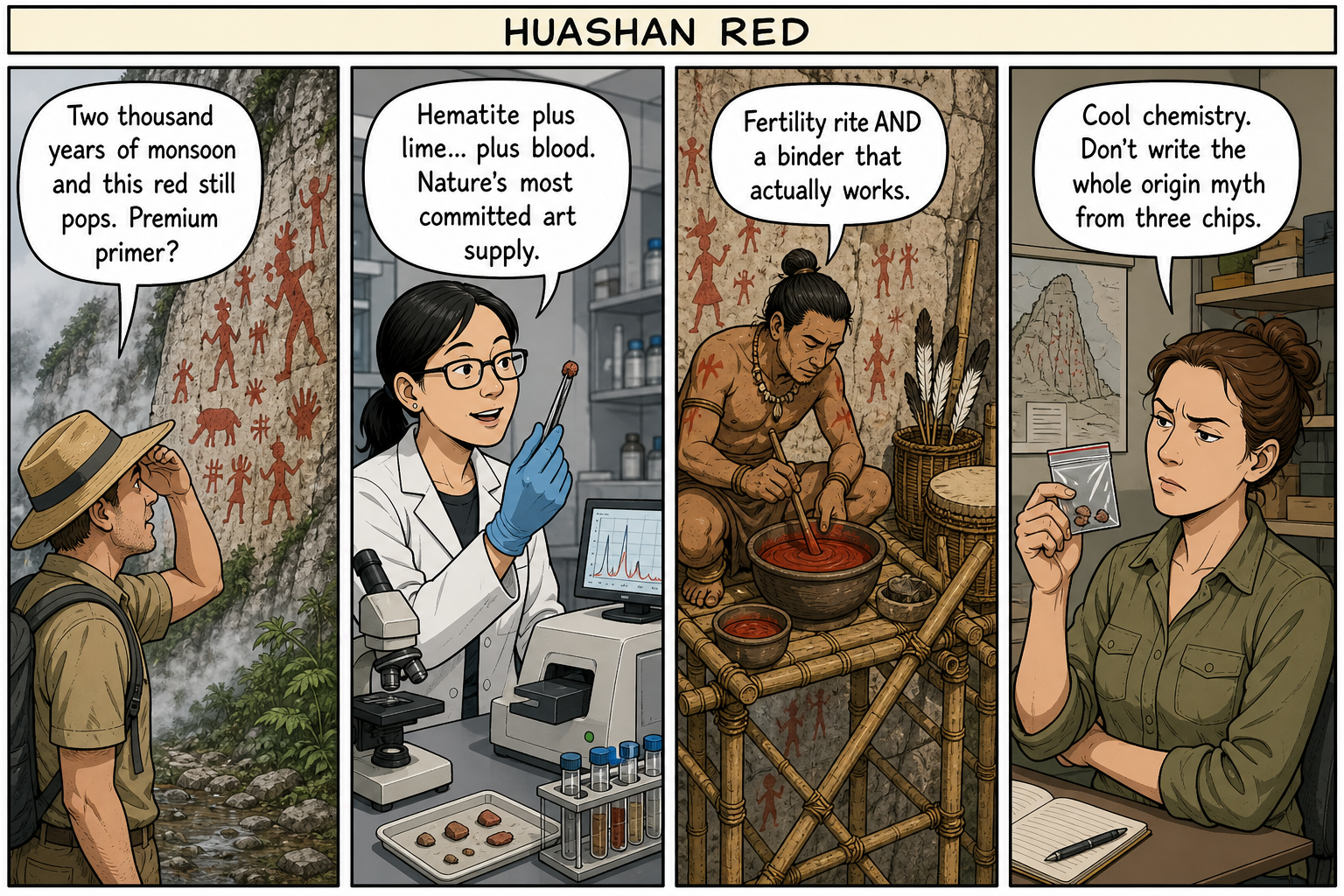 Four-panel comic. A tourist squints at red cliff paintings; a lab IDs hematite, lime, and blood; an ancient painter mixes binder; a skeptic holds three sample chips.