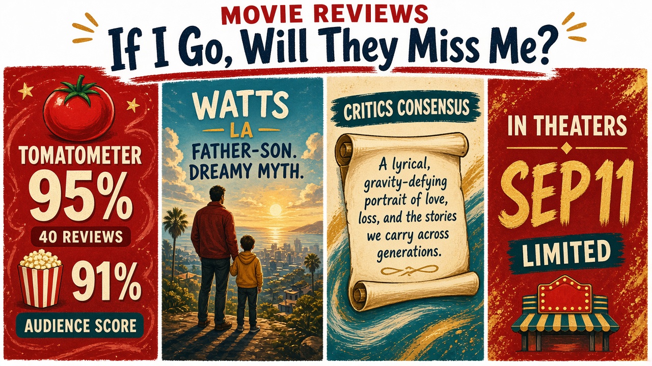 Four-panel full-color movie-score comic, cartoon stand-ins never likenesses. Panel 1: scoreboard showing 95 percent Tomatometer from 40 reviews and 91 percent audience score. Panel 2: cartoon father and child overlooking a sunset city skyline. Panel 3: Critics Consensus scroll stand-in. Panel 4: theater marquee reading limited September 11 2026.