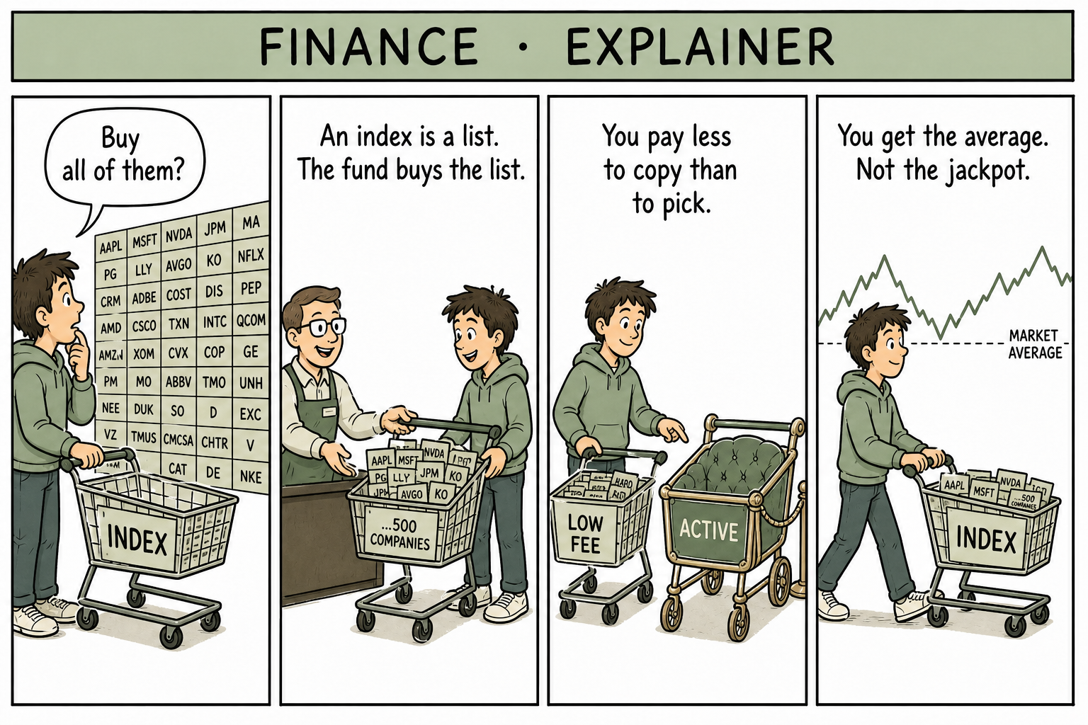Four-panel explainer comic comparing an index-fund shopping cart to picking every stock on the wall, then choosing a low-fee cart and walking off with the market average.