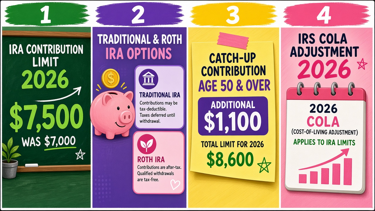 Four-panel full-color educational finance comic. Panel 1: chalkboard marking IRA contribution limit 2026 at $7,500 was $7,000. Panel 2: cartoon traditional and Roth IRA jars stamped $7,500. Panel 3: sticky note for catch-up age 50 and up $1,100 was $1,000. Panel 4: IRS COLA calendar card labeled educational plan-ahead timeline.