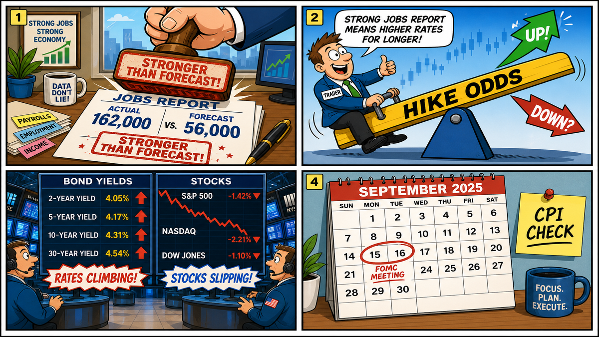 Four-panel full-color finance explainer comic. Panel 1: cartoon jobs report stamp 162,000 vs forecast 56,000. Panel 2: cartoon trader seesaw labeled HIKE ODDS rising. Panel 3: yield arrows up, stock arrows down, dollar up. Panel 4: calendar for mid-September Fed meeting with CPI sticky note.