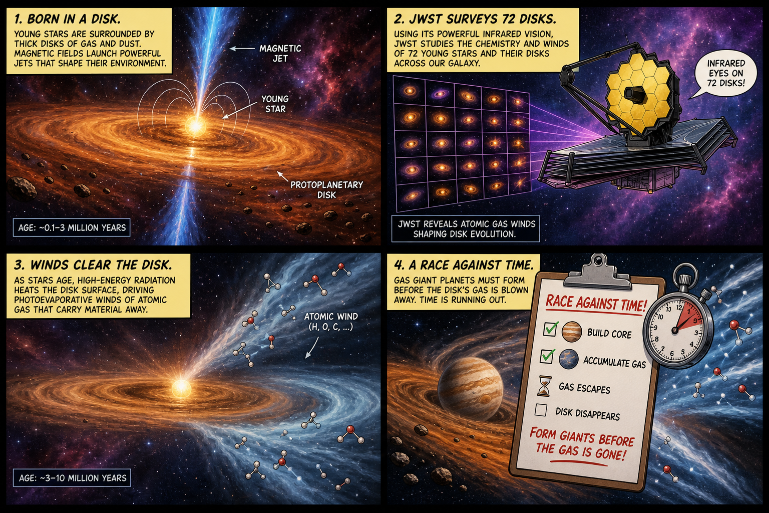 Four-panel full-color space comic. Panel 1: young star and protoplanetary disk with magnetic jets. Panel 2: JWST studying 72 disks. Panel 3: photoevaporative atomic winds. Panel 4: clipboard saying form gas giants before the gas is gone.