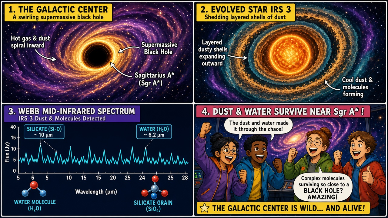 Four-panel full-color science comic. Panel 1: cartoon evolved star IRS 3 glowing near Sagittarius A-star. Panel 2: oxygen-rich silicate dust shells. Panel 3: first clear water detection in the envelope badge. Panel 4: layered shells spanning about 10,000 AU with temperatures from roughly 1200 K to 100 K.