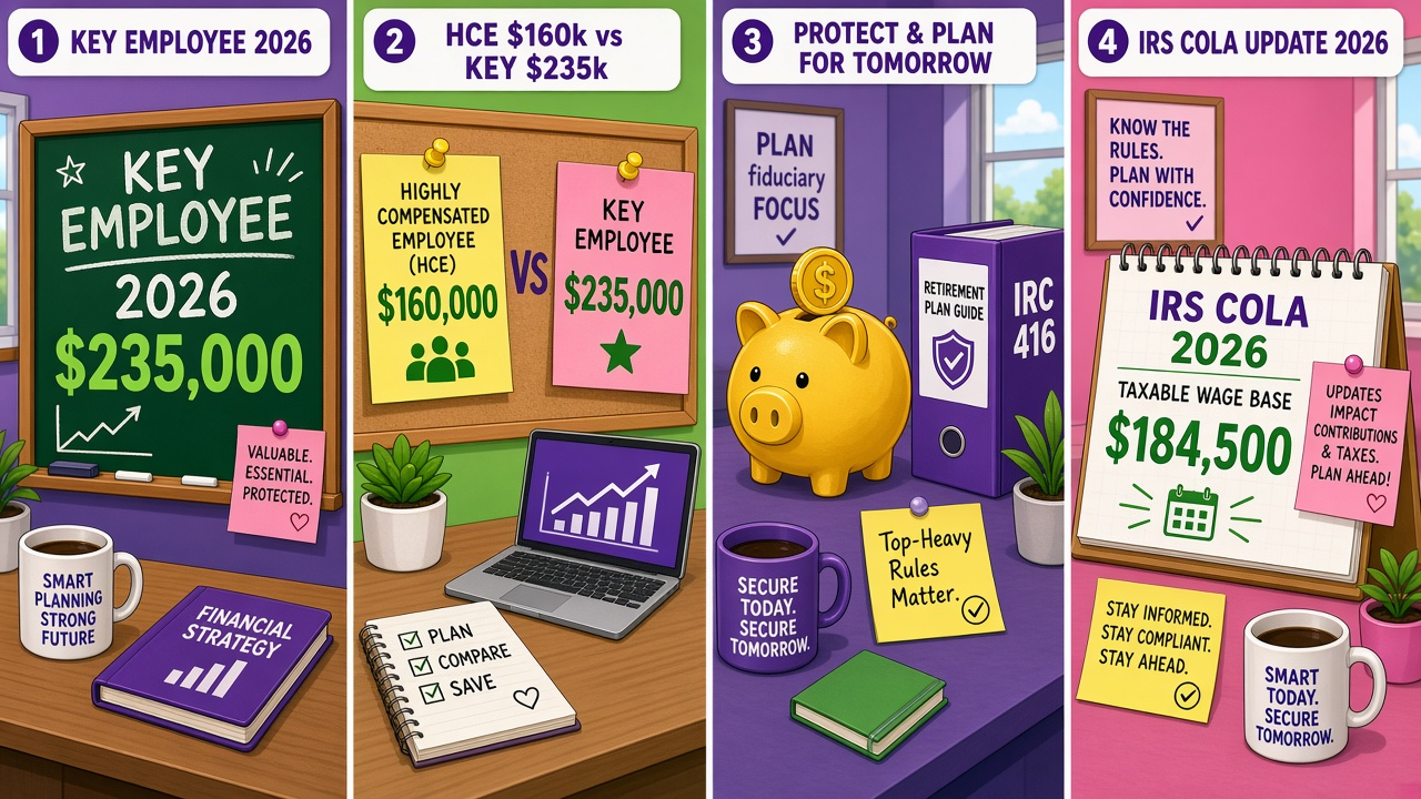 Four-panel full-color educational finance comic. Panel 1: smiling IRS COLA calendar for 2026. Panel 2: key employee threshold rising to $235,000. Panel 3: highly compensated employee chalk still marked $160,000. Panel 4: clipboard sticky explaining top-heavy plan testing under IRC 416, labeled educational not advice.