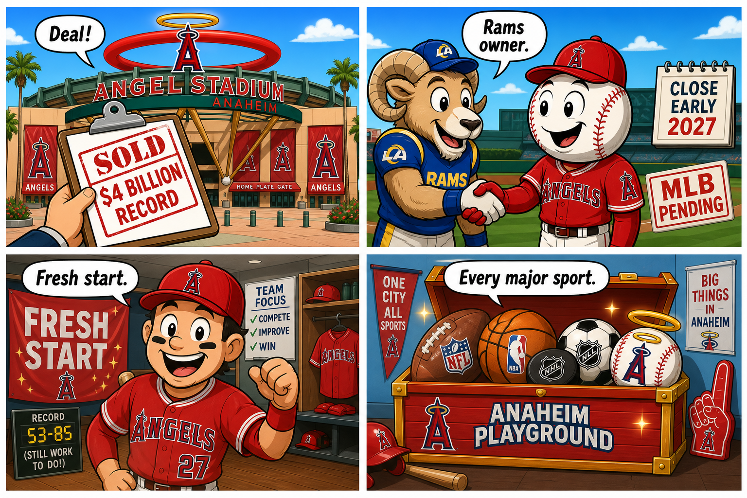 Four-panel full-color baseball comic with cartoon stand-ins, not real owner or player portraits. Panel 1: Angel Stadium and a clipboard stamped sold $4 billion record. Panel 2: a cartoon ram shaking hands with a halo baseball, a 2027 close calendar and MLB pending stamp. Panel 3: a cartoon Angels outfielder under a fresh-start banner, a tiny 53-85 board. Panel 4: a chest of football, basketball, puck, soccer ball, and a halo baseball.