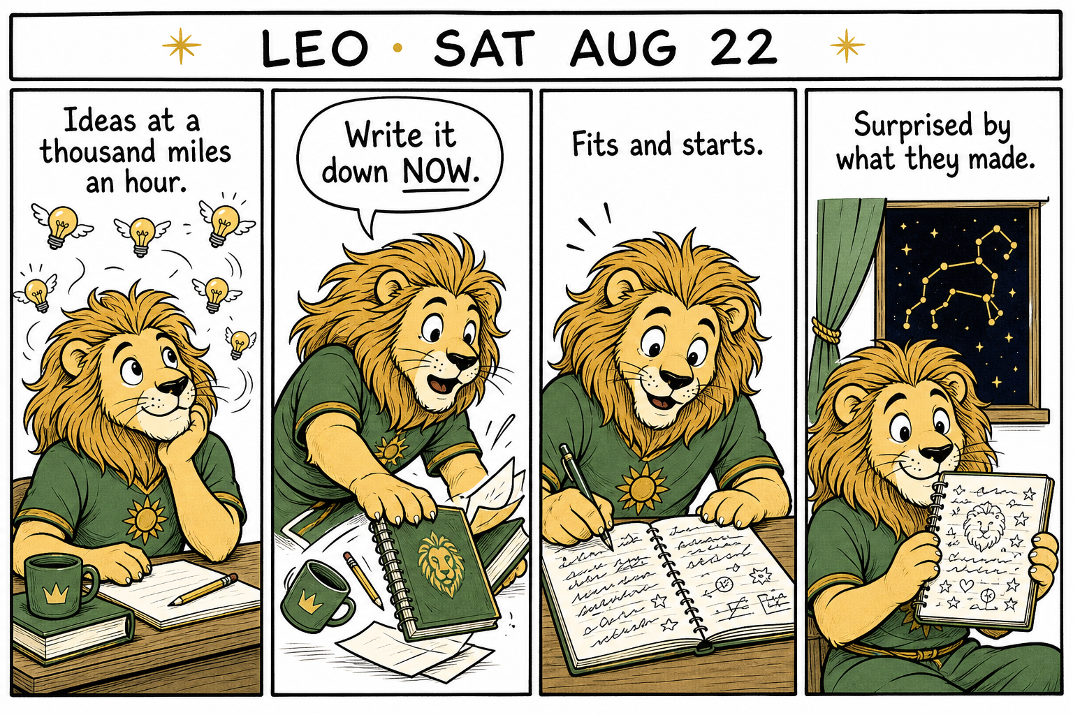 Four-panel Leo comic. Lion at a desk with flying lightbulbs, grabs a notebook, writes, holds up the page.