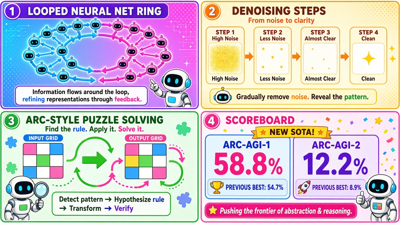 Four-panel full-color AI comic. Panel 1: robot cycling a looped hidden-state recurrence. Panel 2: local denoising objectives with decreasing noise levels. Panel 3: 58.8 percent ARC-AGI-1 test accuracy scoreboard. Panel 4: 12.2 percent ARC-AGI-2 badge across six reasoning benchmarks.