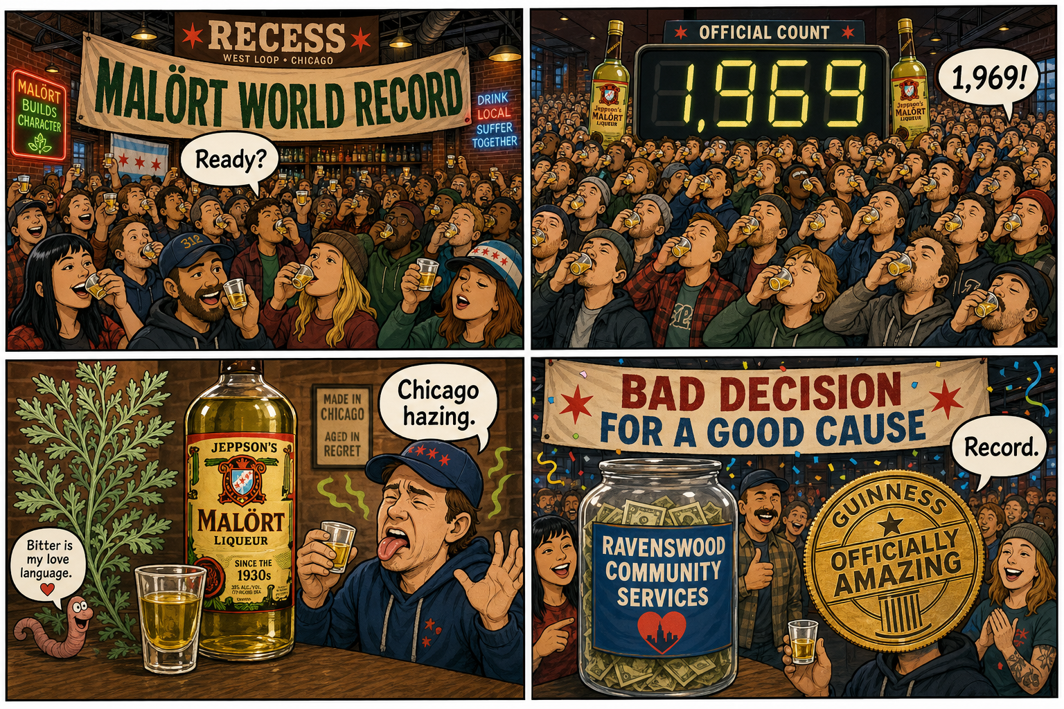 Four-panel full-color bar comic. Panel 1: a long West Loop bar lined with tiny yellow-green shot glasses. Panel 2: a Guinness World Records stamp, 1,969 simultaneous Malört shots. Panel 3: cartoon patrons with lemon-pucker faces. Panel 4: a donation jar labeled Ravenswood Community Services, caption bad decision for a good cause.