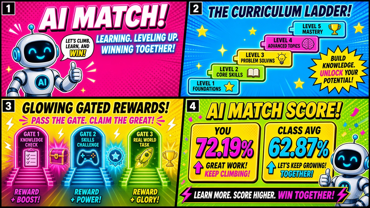 Four-panel full-color AI research comic. Panel 1: cartoon robot under AI MATCH banner. Panel 2: five-step curriculum ladder from foundations to mastery. Panel 3: three glowing gated-reward doorways. Panel 4: scoreboard showing 72.19 percent and 62.87 percent — verified as API-Bank and BFCL V3, not student grades.