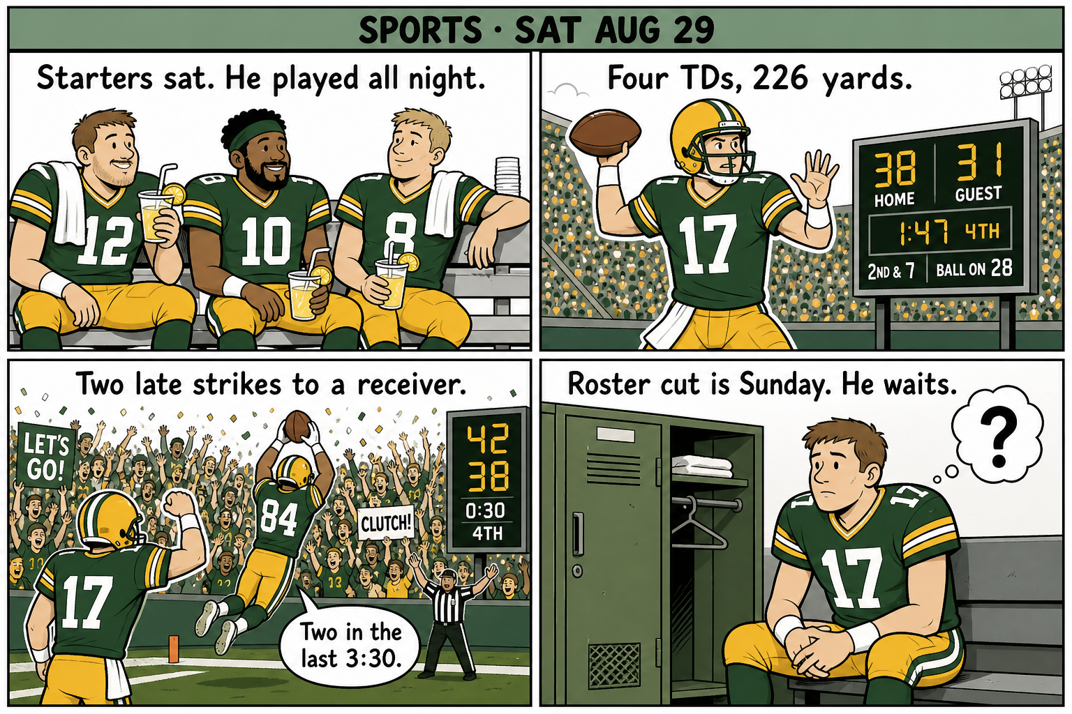 Four-panel comic about a Packers backup quarterback who plays an entire preseason finale, throws four touchdowns in a 42-38 comeback, then waits in a locker room for roster cuts.