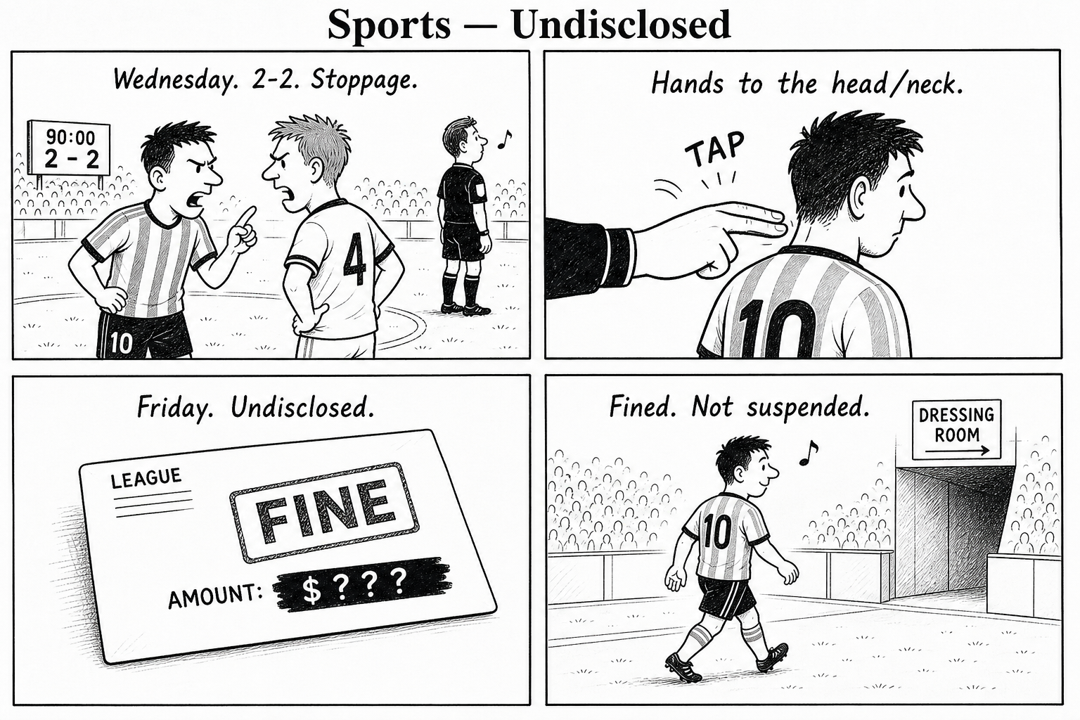 Four-panel comic. Stoppage-time 2-2 scrap; a tap to the neck; a league fine with the amount blacked out; the player walks off whistling, fined not suspended.