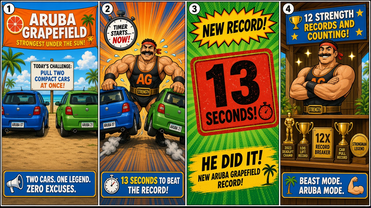 Four-panel full-color humor comic. Panel 1: two compact cars staged in Aruba. Panel 2: cartoon strongman restraining both. Panel 3: 13 seconds record stamp. Panel 4: twelve strength records trophy shelf.