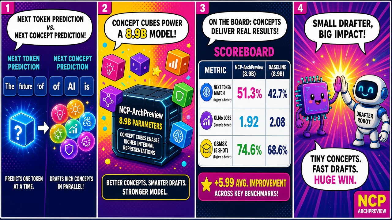 Four-panel full-color AI research comic. Panel 1: next-token prediction path along a token stream. Panel 2: Next Concept Prediction bridge through a product-quantized latent concept vocabulary. Panel 3: model scale board reading 8.9 billion parameters trained on 5.73 trillion Dolma-3 tokens. Panel 4: efficiency board showing 51.3 percent of total training tokens reaching OLMo-3-7B final pretraining loss.