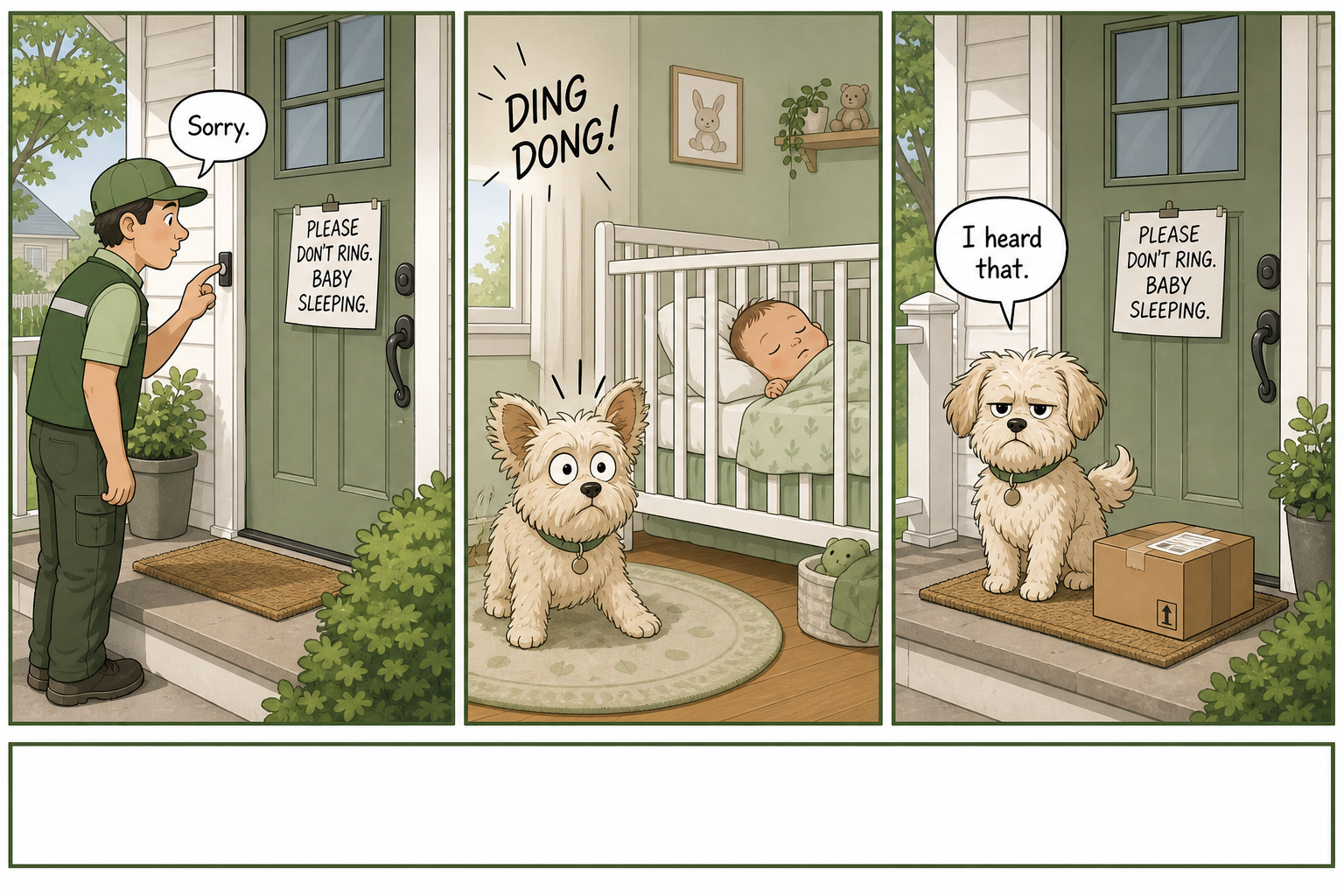 Neighborhood Watch comic strip: Saturday shift, sleeping baby, alert dog